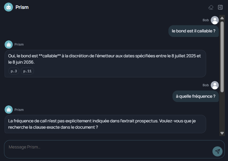 Conversation with Prism: prospectus question, sourced answer or offer to search further