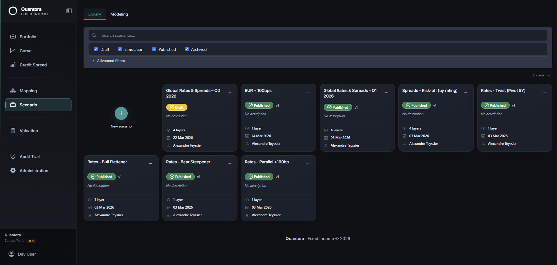 Bibliothèque de scénarios : liste et gestion des scénarios de taux et de spread